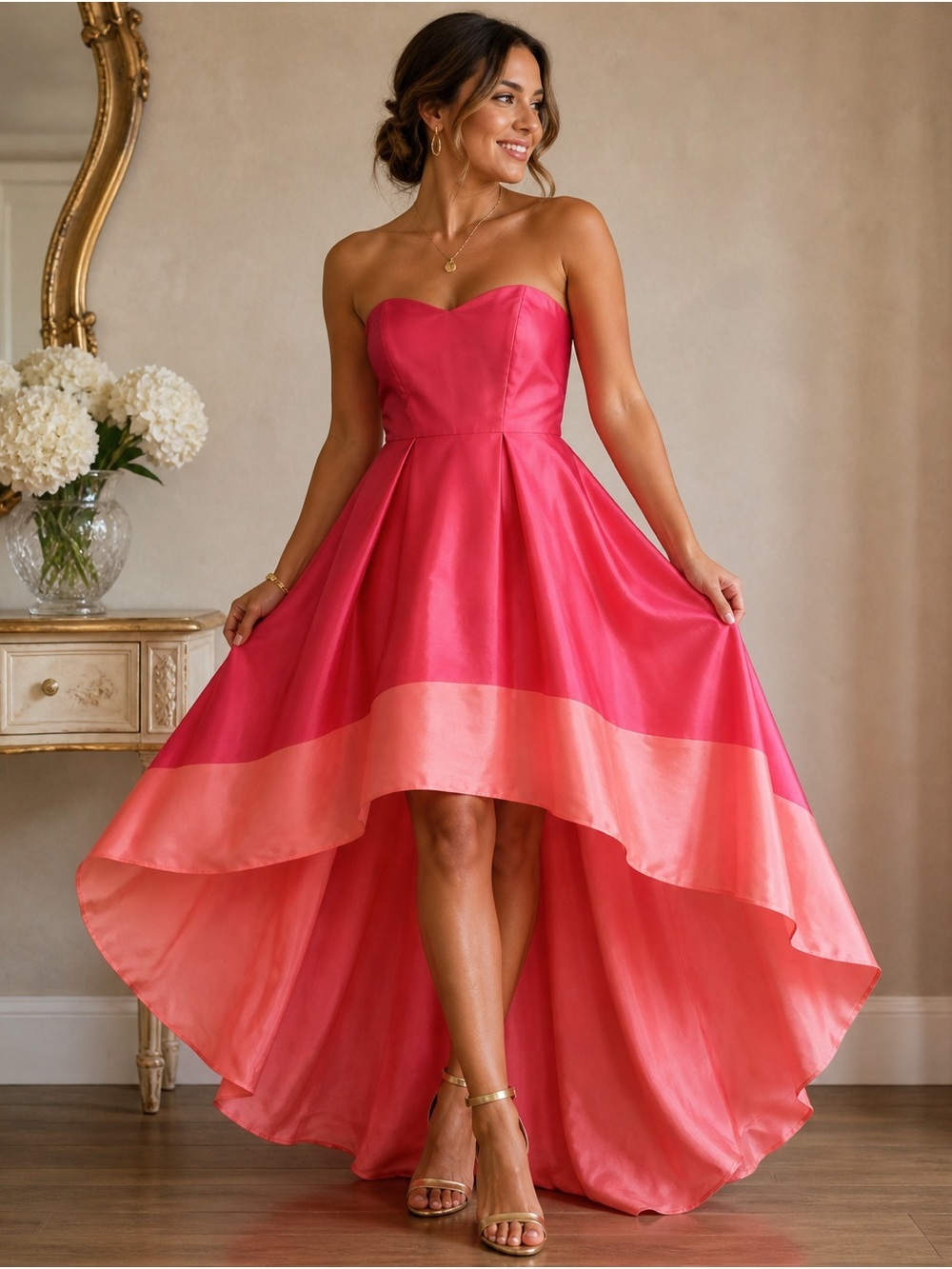Monique Lhuillier Strapless High-Low Gown in HotPink & Coral- Formal- Gala Dress